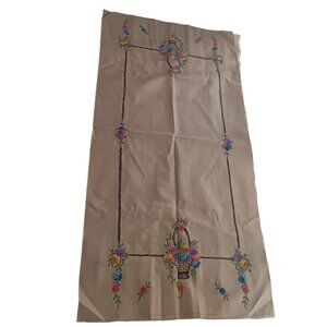 Vintage Hand-Embroidered Floral Tablecloth Runner 42x21 Inches Beige Burlap